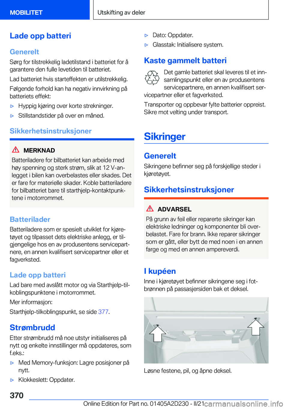 BMW X6 M 2021  InstruksjonsbØker (in Norwegian) �L�a�d�e��o�p�p��b�a�t�t�e�r�i
�G�e�n�e�r�e�l�t
�S�