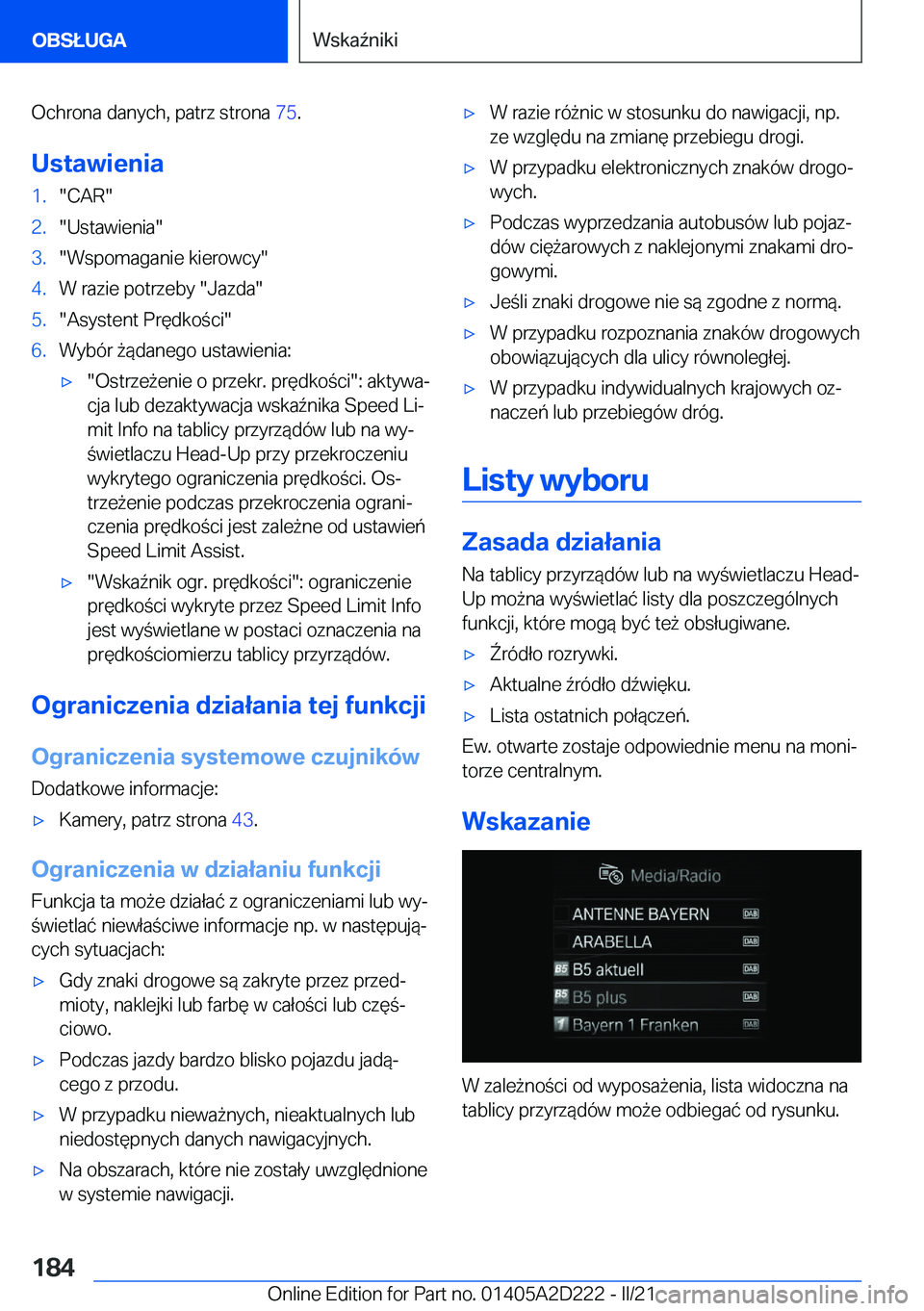 BMW X6 M 2021  Instrukcja obsługi (in Polish) �O�c�h�r�o�n�a��d�a�n�y�c�h�,��p�a�t�r�z��s�t�r�o�n�a��7�5�.
�U�s�t�a�w�i�e�n�i�a�1�.��C�A�R��2�.��U�s�t�a�w�i�e�n�i�a��3�.��W�s�p�o�m�a�g�a�n�i�e��k�i�e�r�o�w�c�y��4�.�W��r�a�z�i�e��p�o�