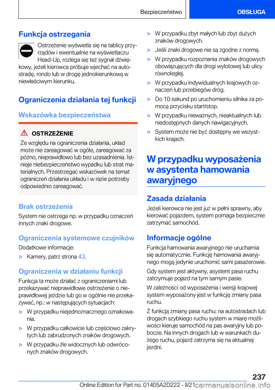 BMW X6 M 2021  Instrukcja obsługi (in Polish) �F�u�n�k�c�j�a��o�s�t�r�z�e�g�a�n�i�a�O�s�t�r�z�e9�e�n�i�e��w�y�w�i�e�t�l�a��s�i�
