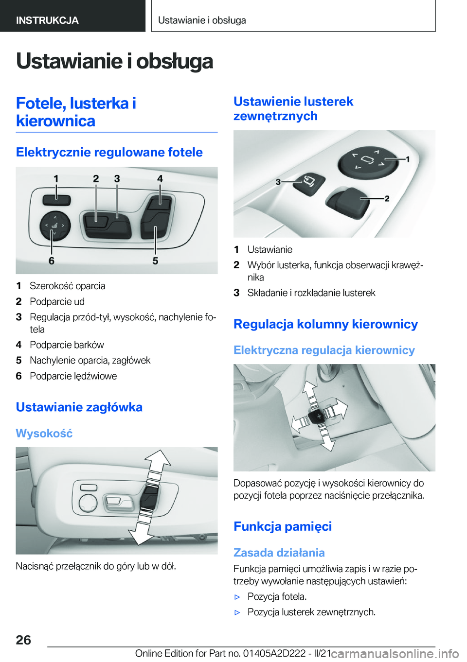BMW X6 M 2021  Instrukcja obsługi (in Polish) �U�s�t�a�w�i�a�n�i�e��i��o�b�s�ł�u�g�a�F�o�t�e�l�e�,��l�u�s�t�e�r�k�a��i�k�i�e�r�o�w�n�i�c�a
�E�l�e�k�t�r�y�c�z�n�i�e��r�e�g�u�l�o�w�a�n�e��f�o�t�e�l�e
�1�S�z�e�r�o�k�o�