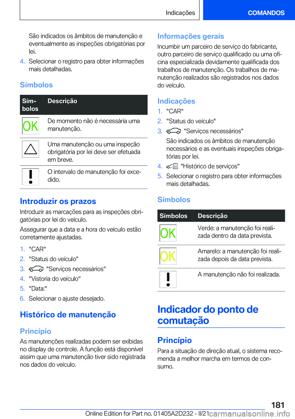 BMW X6 M 2021  Manual do condutor (in Portuguese) �S�ã�o��i�n�d�i�c�a�d�o�s��o�s��â�m�b�i�t�o�s��d�e��m�a�n�u�t�e�n�