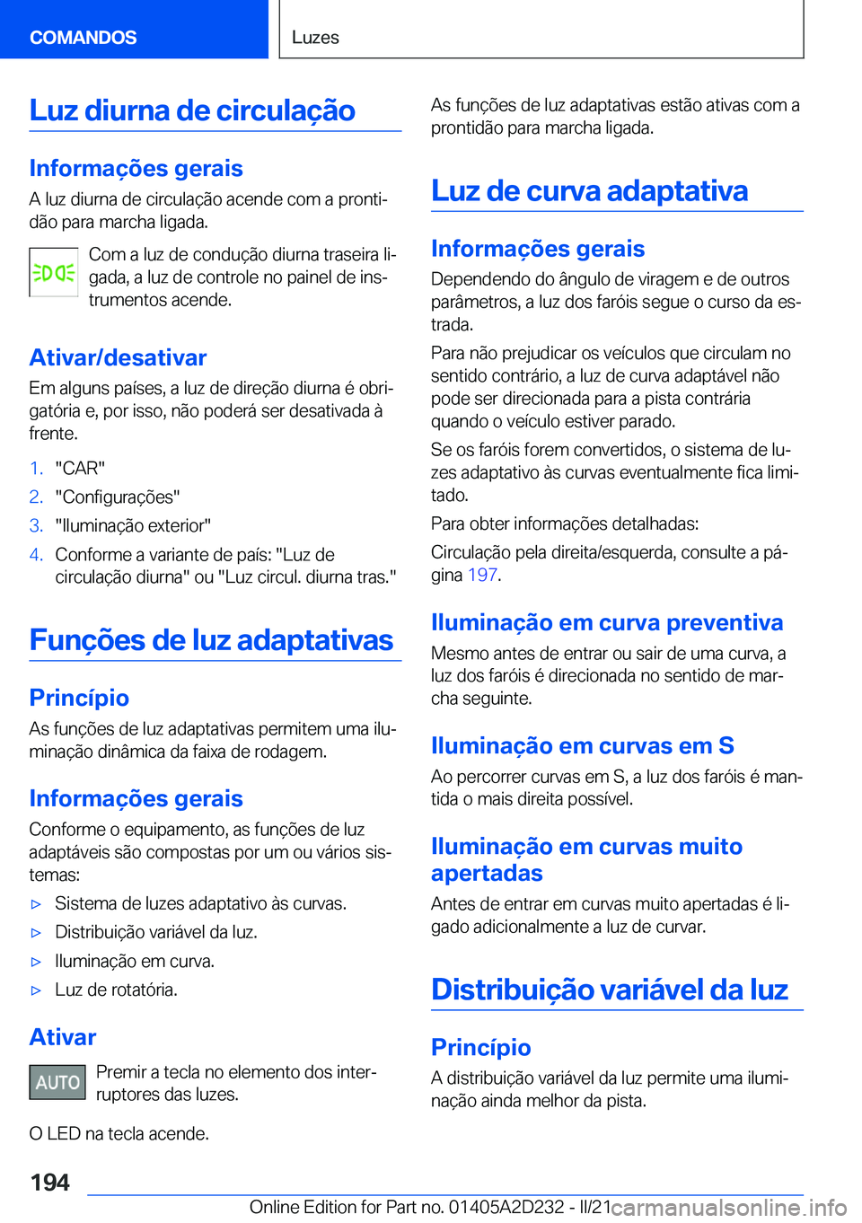 BMW X6 M 2021  Manual do condutor (in Portuguese) �L�u�z��d�i�u�r�n�a��d�e��c�i�r�c�u�l�a�