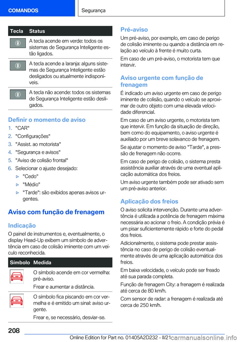 BMW X6 M 2021  Manual do condutor (in Portuguese) �T�e�c�l�a�S�t�a�t�u�s�A��t�e�c�l�a��a�c�e�n�d�e��e�m��v�e�r�d�e�:��t�o�d�o�s��o�s
�s�i�s�t�e�m�a�s��d�e��S�e�g�u�r�a�n�