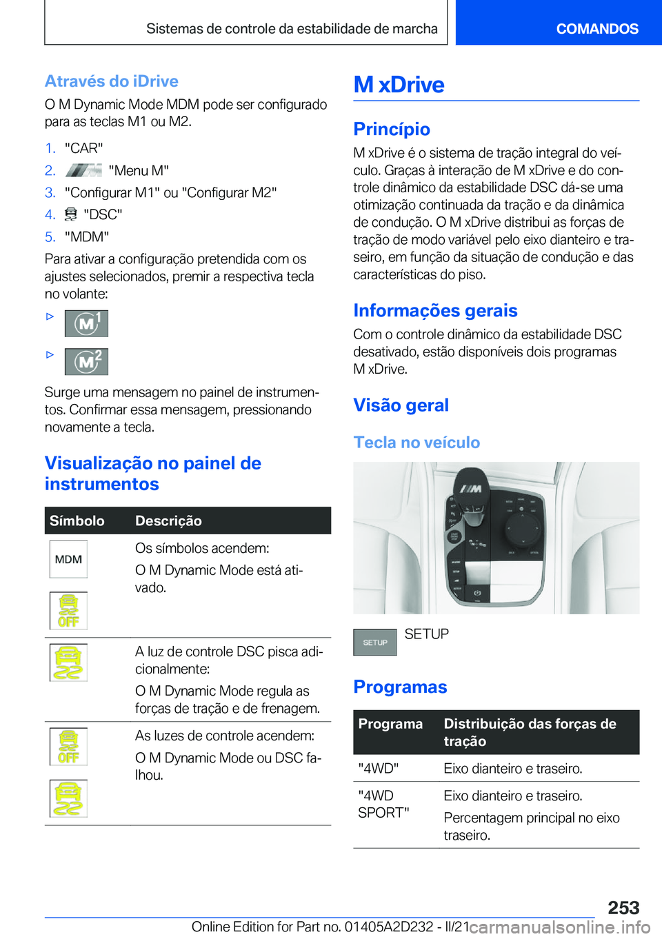 BMW X6 M 2021  Manual do condutor (in Portuguese) �A�t�r�a�v�é�s��d�o��i�D�r�i�v�e
�O��M��D�y�n�a�m�i�c��M�o�d�e��M�D�M��p�o�d�e��s�e�r��c�o�n�f�i�g�u�r�a�d�o
�p�a�r�a��a�s��t�e�c�l�a�s��M�1��o�u��M�2�.�1�.��C�A�R��2�.����M�e�n�u�