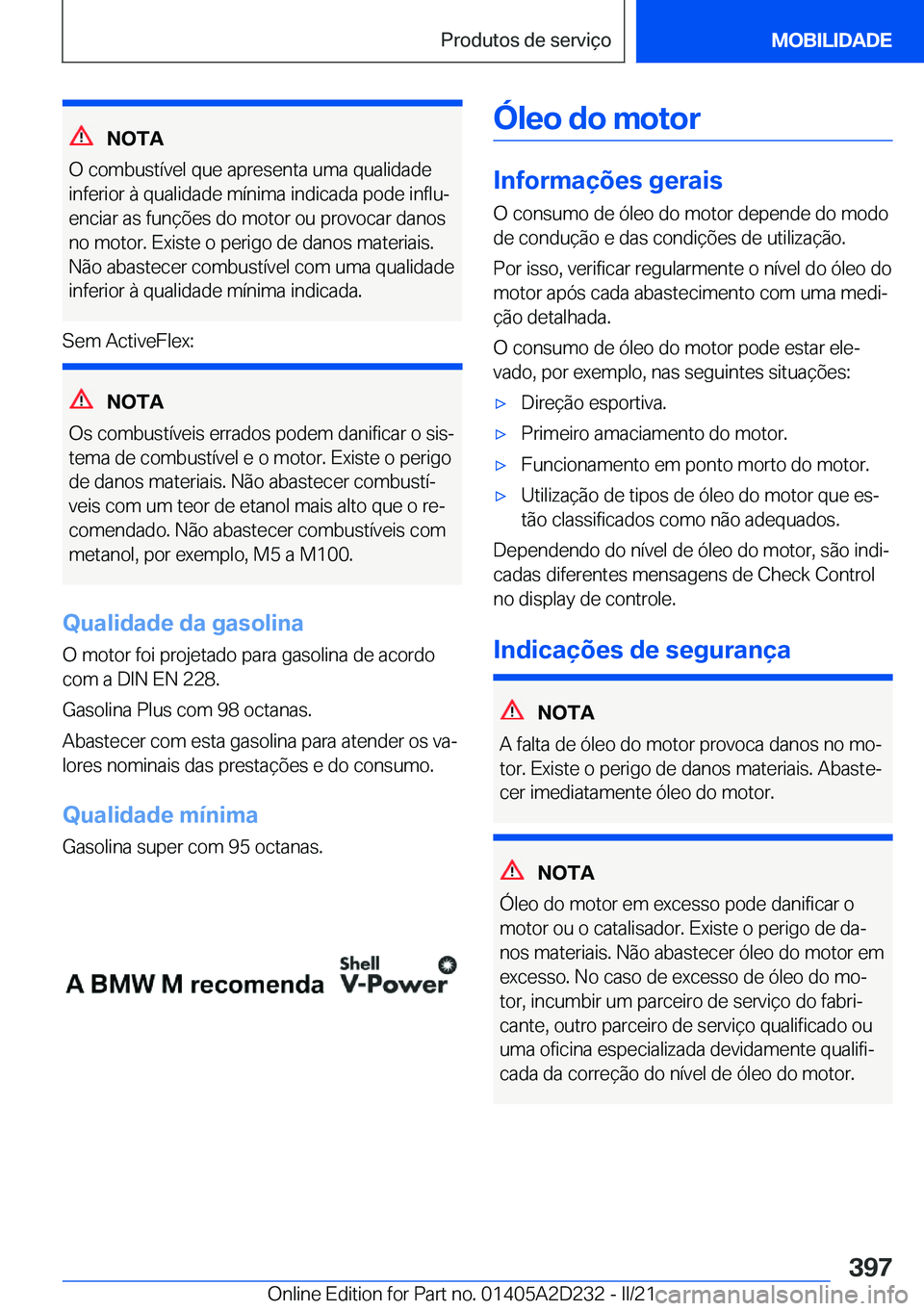 BMW X6 M 2021  Manual do condutor (in Portuguese) �N�O�T�A
�O��c�o�m�b�u�s�t�