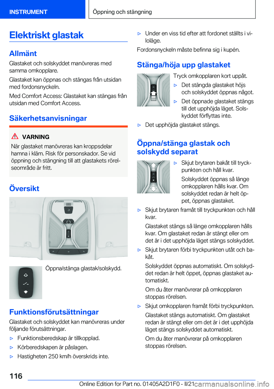 BMW X6 M 2021  InstruktionsbÖcker (in Swedish) �E�l�e�k�t�r�i�s�k�t��g�l�a�s�t�a�k
�A�l�l�m�ä�n�t�G�l�a�s�t�a�k�e�t��o�c�h��s�o�l�s�k�y�d�d�e�t��m�a�n�
