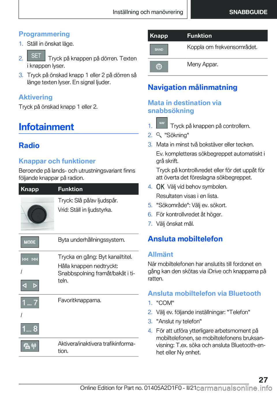 BMW X6 M 2021  InstruktionsbÖcker (in Swedish) �P�r�o�g�r�a�m�m�e�r�i�n�g�1�.�S�t�ä�l�l��i�n��