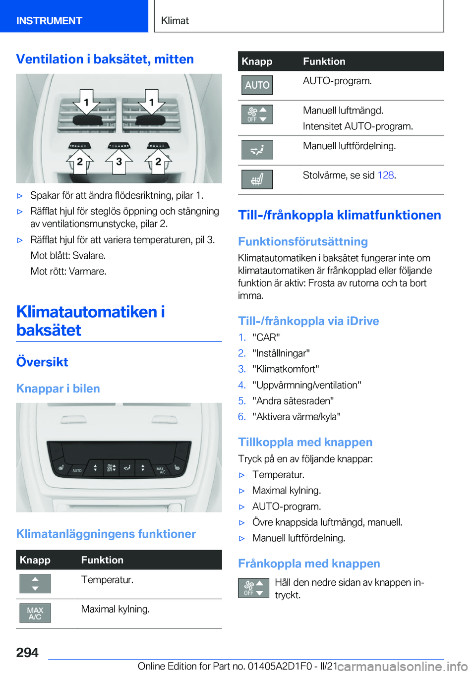 BMW X6 M 2021  InstruktionsbÖcker (in Swedish) �V�e�n�t�i�l�a�t�i�o�n��i��b�a�k�s�ä�t�e�t�,��m�i�t�t�e�n'x�S�p�a�k�a�r��f�