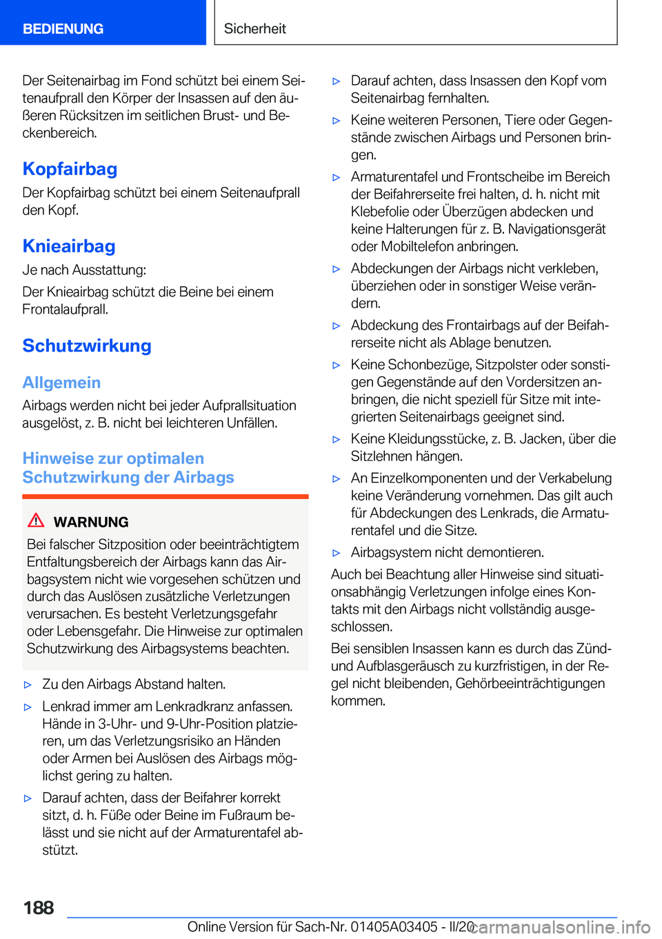 BMW X6 M 2020  Betriebsanleitungen (in German) �D�e�r��S�e�i�t�e�n�a�i�r�b�a�g��i�m��F�o�n�d��s�c�h�