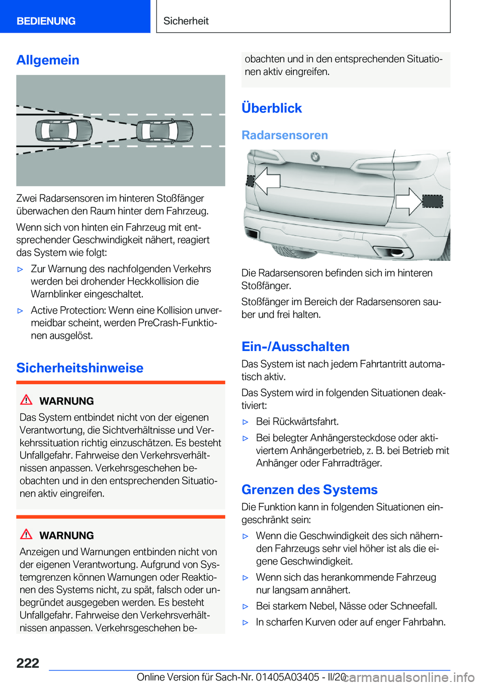 BMW X6 M 2020  Betriebsanleitungen (in German) �A�l�l�g�e�m�e�i�n
�Z�w�e�i��R�a�d�a�r�s�e�n�s�o�r�e�n��i�m��h�i�n�t�e�r�e�n��S�t�o�