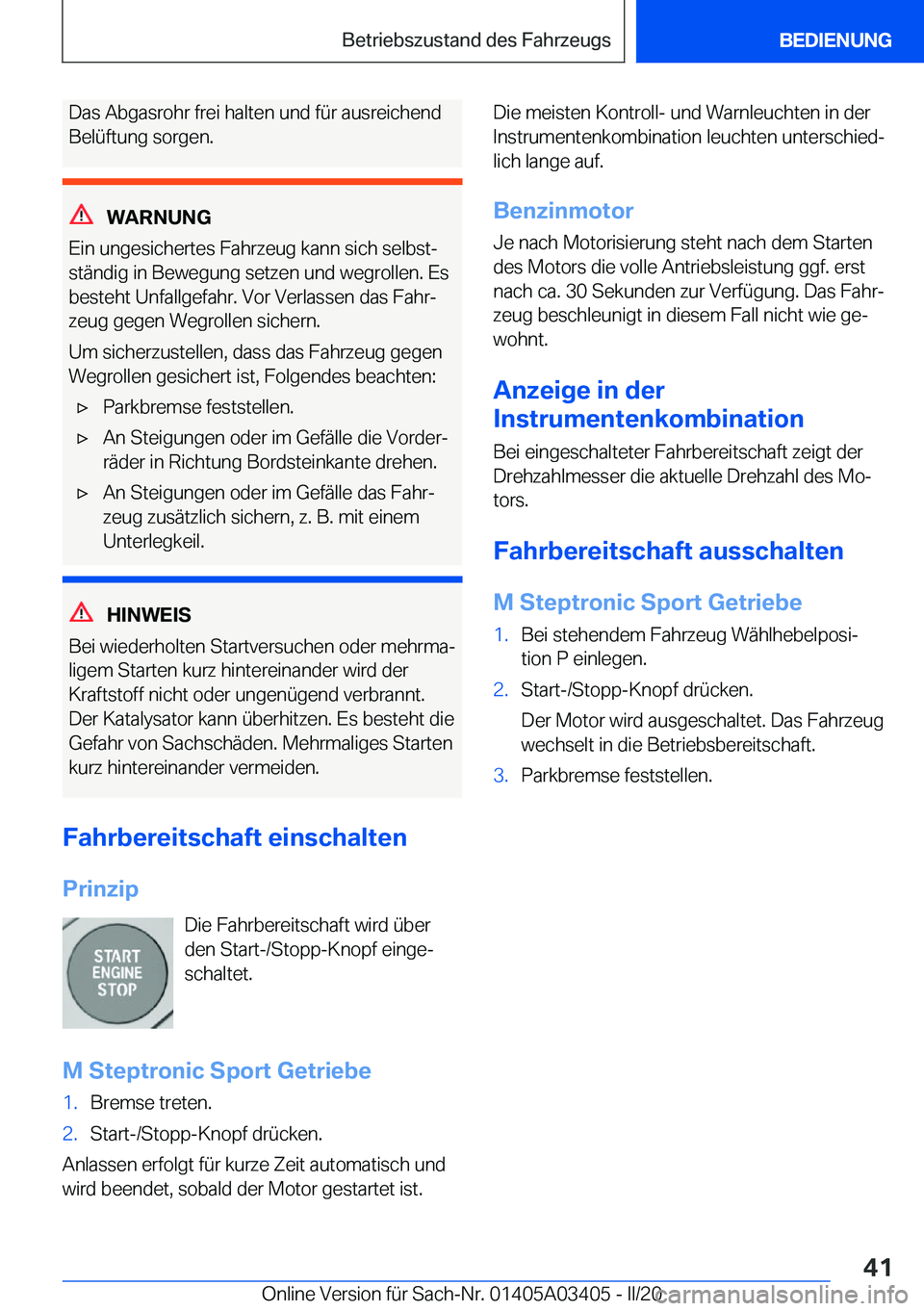 BMW X6 M 2020  Betriebsanleitungen (in German) �D�a�s��A�b�g�a�s�r�o�h�r��f�r�e�i��h�a�l�t�e�n��u�n�d��f�