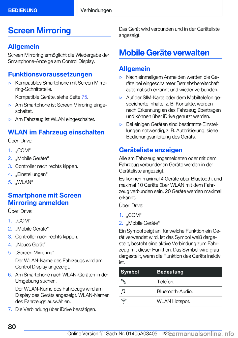 BMW X6 M 2020  Betriebsanleitungen (in German) �S�c�r�e�e�n��M�i�r�r�o�r�i�n�g
�A�l�l�g�e�m�e�i�n�S�c�r�e�e�n��M�i�r�r�o�r�i�n�g��e�r�m�