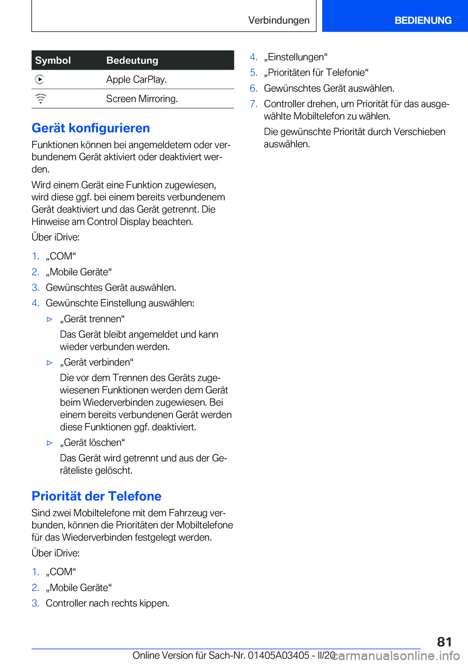 BMW X6 M 2020  Betriebsanleitungen (in German) �S�y�m�b�o�l�B�e�d�e�u�t�u�n�g��A�p�p�l�e��C�a�r�P�l�a�y�.��S�c�r�e�e�n��M�i�r�r�o�r�i�n�g�.
�G�e�r�