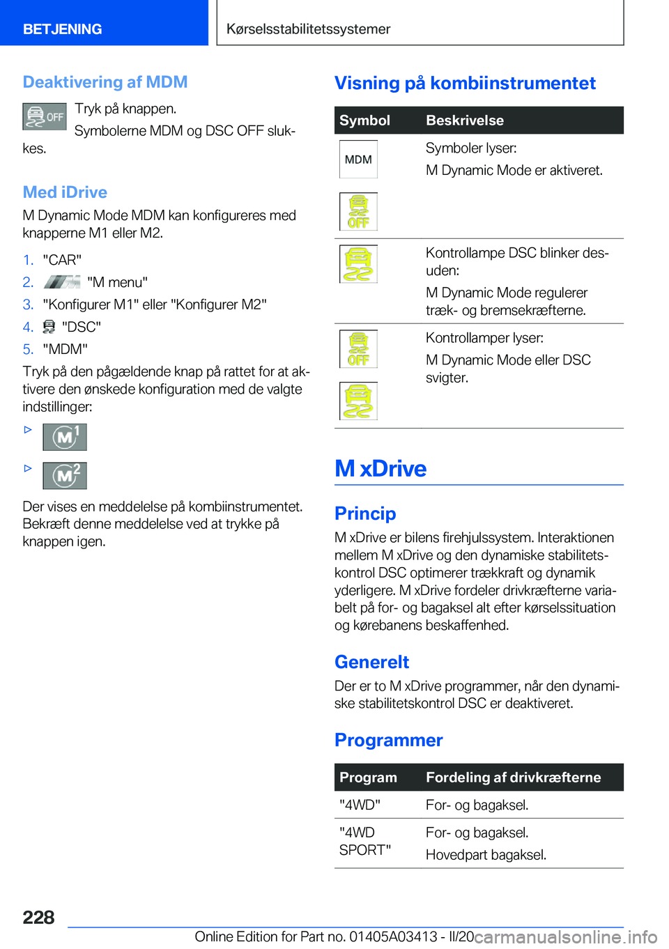BMW X6 M 2020  InstruktionsbØger (in Danish) �D�e�a�k�t�i�v�e�r�i�n�g��a�f��M�D�M�T�r�y�k��p�å��k�n�a�p�p�e�n�.
�S�y�m�b�o�l�e�r�n�e��M�D�M��o�g��D�S�C��O�F�F��s�l�u�kj
�k�e�s�.
�M�e�d��i�D�r�i�v�e �M��D�y�n�a�m�i�c��M�o�d�e��M�D�