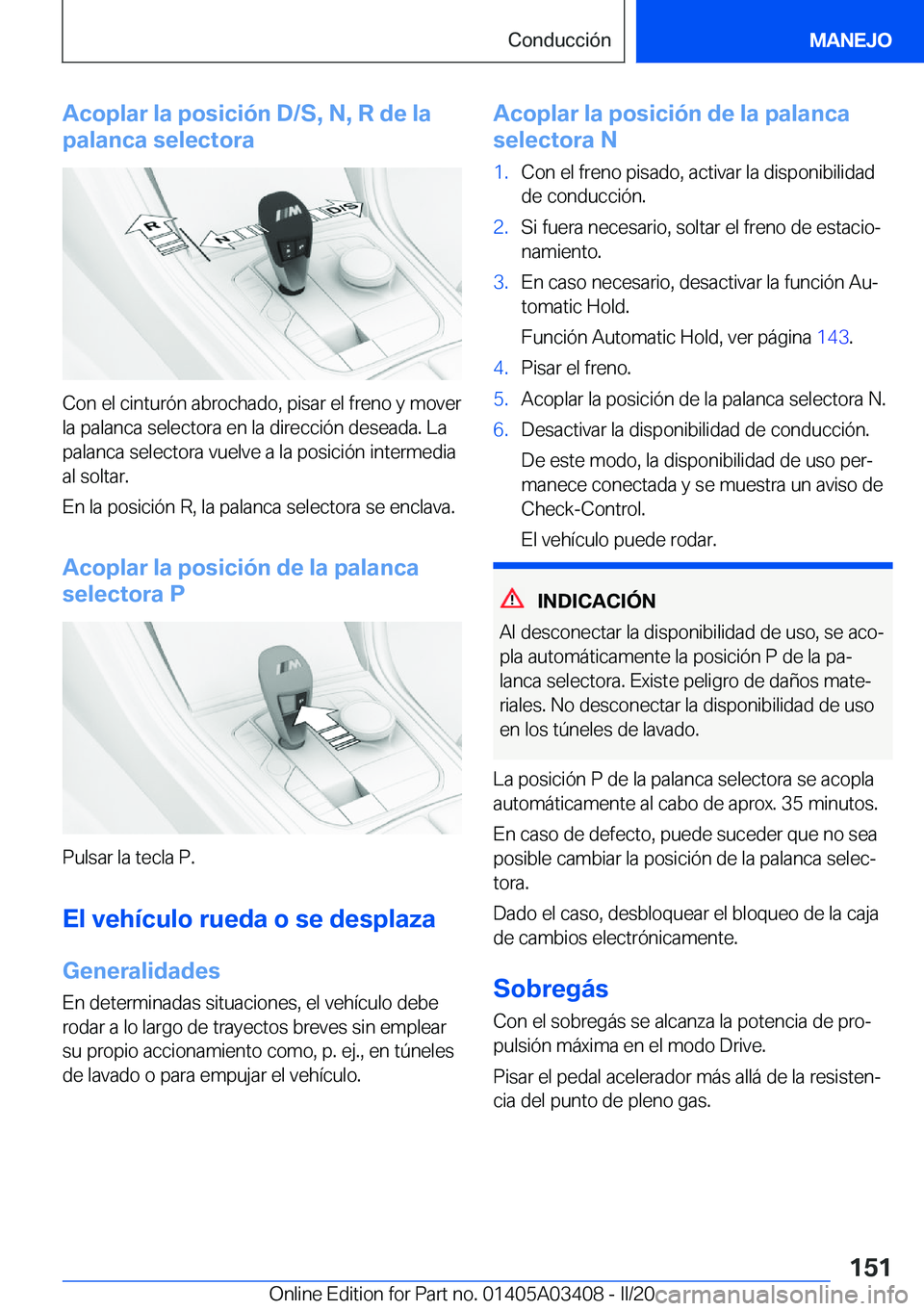BMW X6 M 2020  Manuales de Empleo (in Spanish) �A�c�o�p�l�a�r��l�a��p�o�s�i�c�i�
