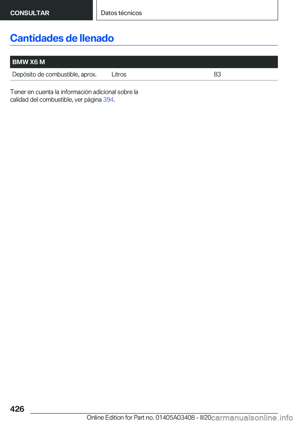 BMW X6 M 2020  Manuales de Empleo (in Spanish) �C�a�n�t�i�d�a�d�e�s��d�e��l�l�e�n�a�d�o
�
�B�M�W��X�6��M�D�e�p�