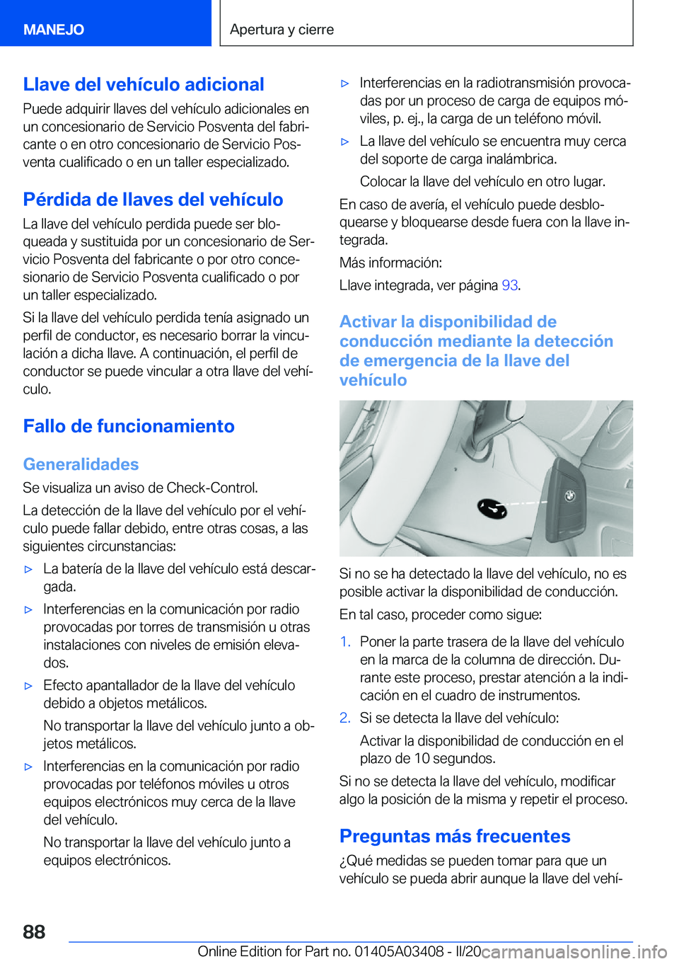 BMW X6 M 2020  Manuales de Empleo (in Spanish) �L�l�a�v�e��d�e�l��v�e�h�