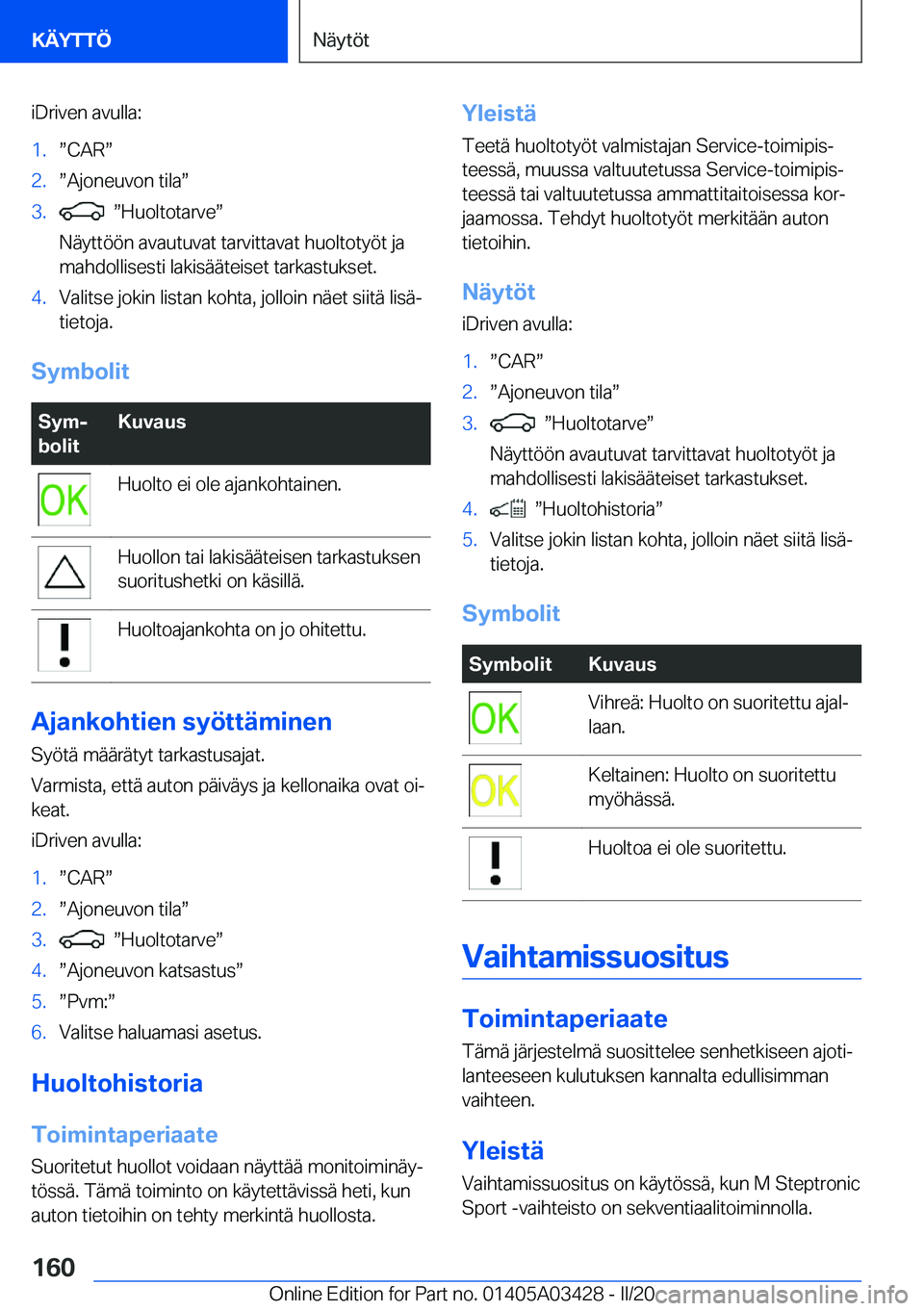 BMW X6 M 2020  Omistajan Käsikirja (in Finnish) �i�D�r�i�v�e�n��a�v�u�l�l�a�:�1�.w�C�A�Rw�2�.w�A�j�o�n�e�u�v�o�n��t�i�l�aw�3�.��w�H�u�o�l�t�o�t�a�r�v�ew
�N�
