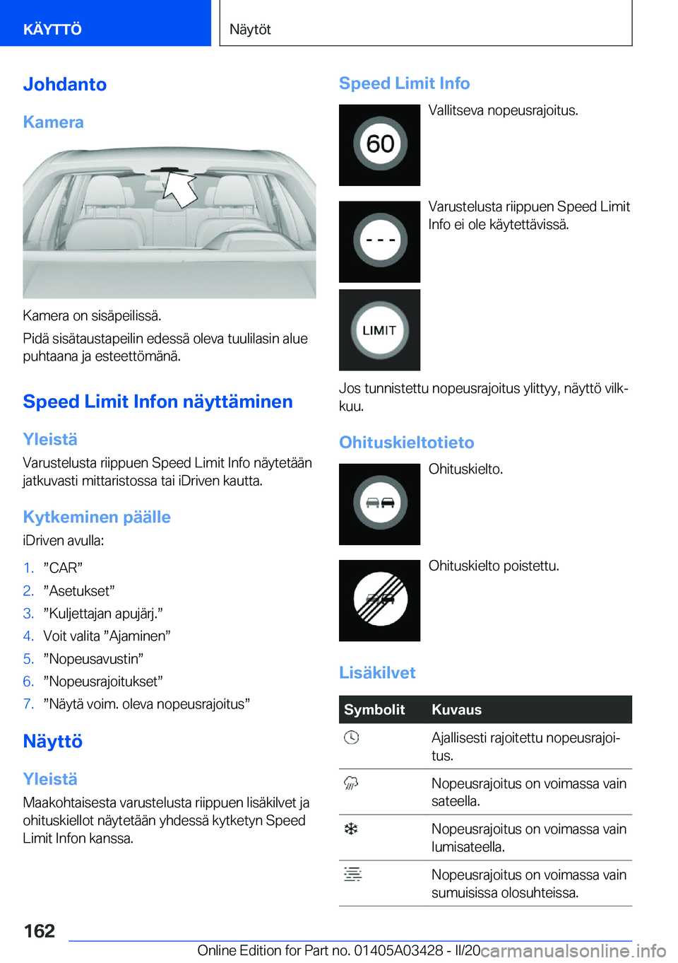 BMW X6 M 2020  Omistajan Käsikirja (in Finnish) �J�o�h�d�a�n�t�o
�K�a�m�e�r�a
�K�a�m�e�r�a��o�n��s�i�s�