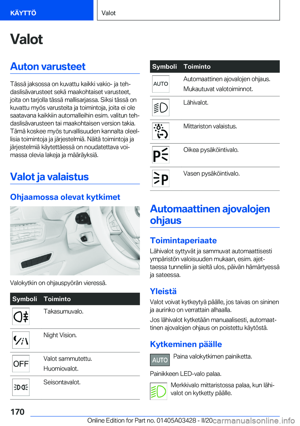BMW X6 M 2020  Omistajan Käsikirja (in Finnish) �V�a�l�o�t�A�u�t�o�n��v�a�r�u�s�t�e�e�t
�T�