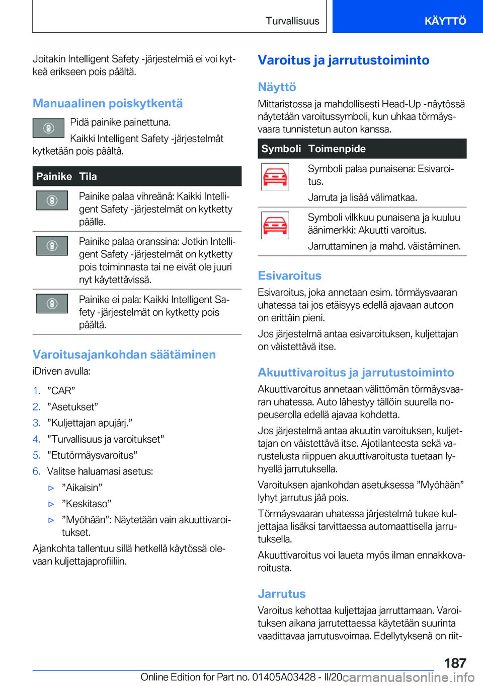 BMW X6 M 2020  Omistajan Käsikirja (in Finnish) �J�o�i�t�a�k�i�n��I�n�t�e�l�l�i�g�e�n�t��S�a�f�e�t�y��-�j�