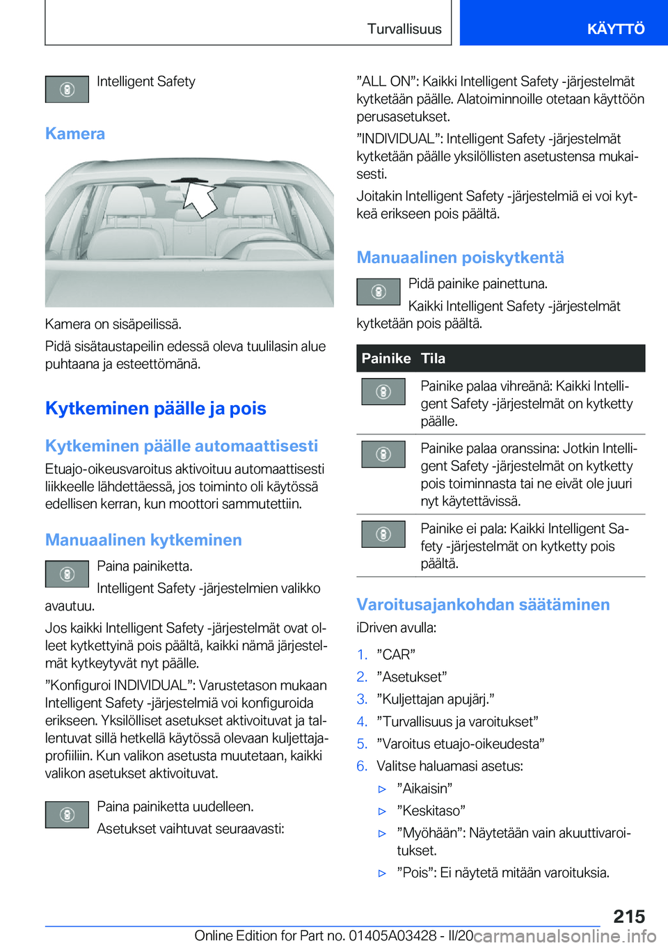 BMW X6 M 2020  Omistajan Käsikirja (in Finnish) �I�n�t�e�l�l�i�g�e�n�t��S�a�f�e�t�y
�K�a�m�e�r�a
�K�a�m�e�r�a��o�n��s�i�s�