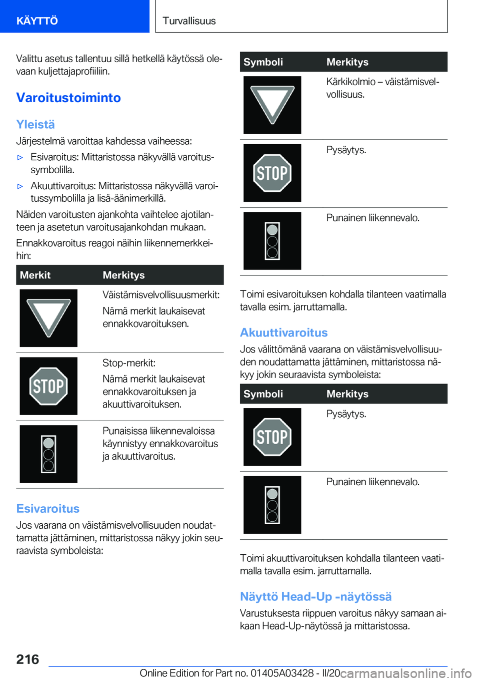 BMW X6 M 2020  Omistajan Käsikirja (in Finnish) �V�a�l�i�t�t�u��a�s�e�t�u�s��t�a�l�l�e�n�t�u�u��s�i�l�l�