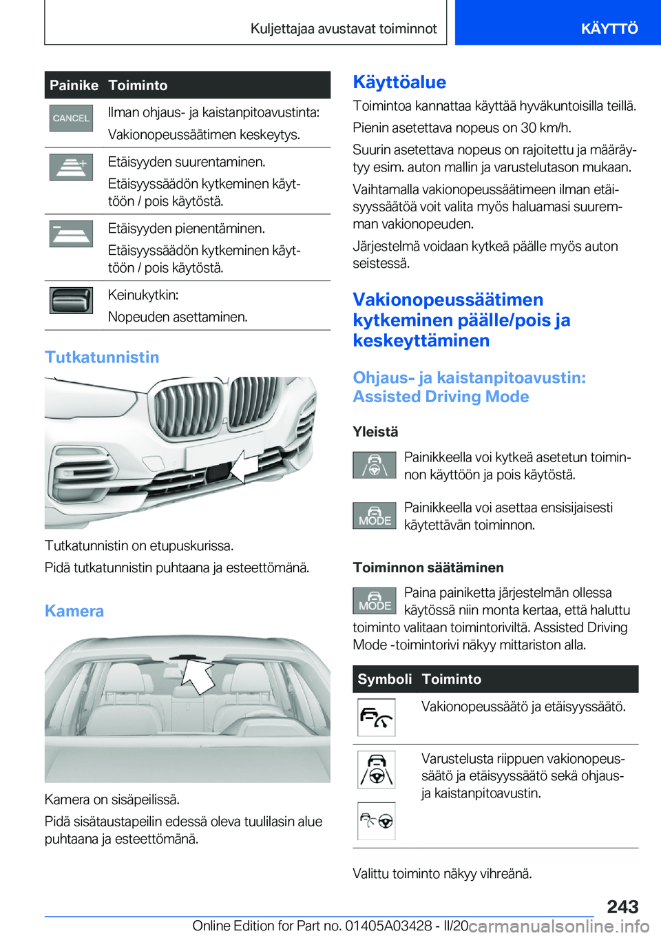 BMW X6 M 2020  Omistajan Käsikirja (in Finnish) �P�a�i�n�i�k�e�T�o�i�m�i�n�t�o�I�l�m�a�n��o�h�j�a�u�s�-��j�a��k�a�i�s�t�a�n�p�i�t�o�a�v�u�s�t�i�n�t�a�:
�V�a�k�i�o�n�o�p�e�u�s�s�