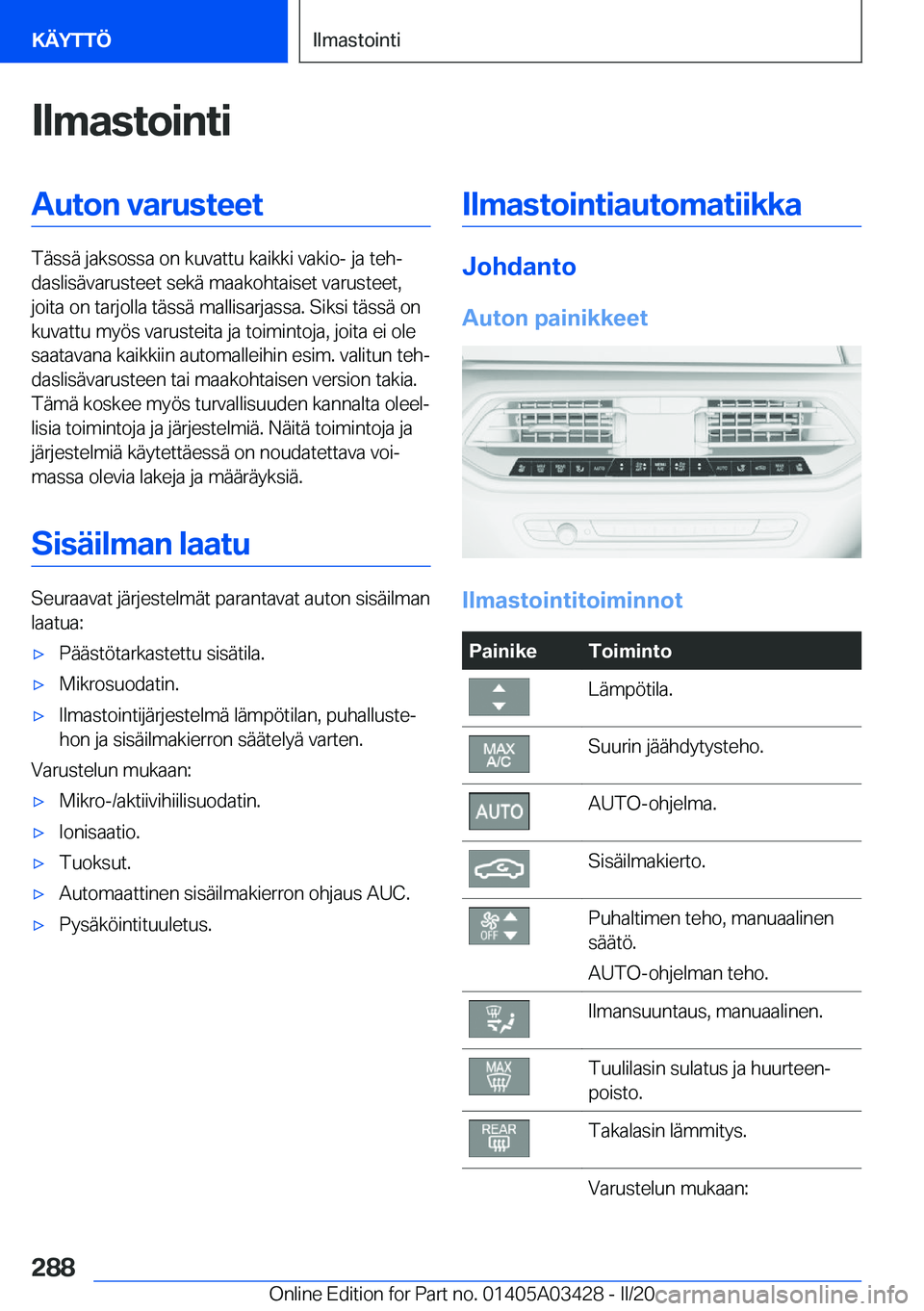 BMW X6 M 2020  Omistajan Käsikirja (in Finnish) �I�l�m�a�s�t�o�i�n�t�i�A�u�t�o�n��v�a�r�u�s�t�e�e�t
�T�