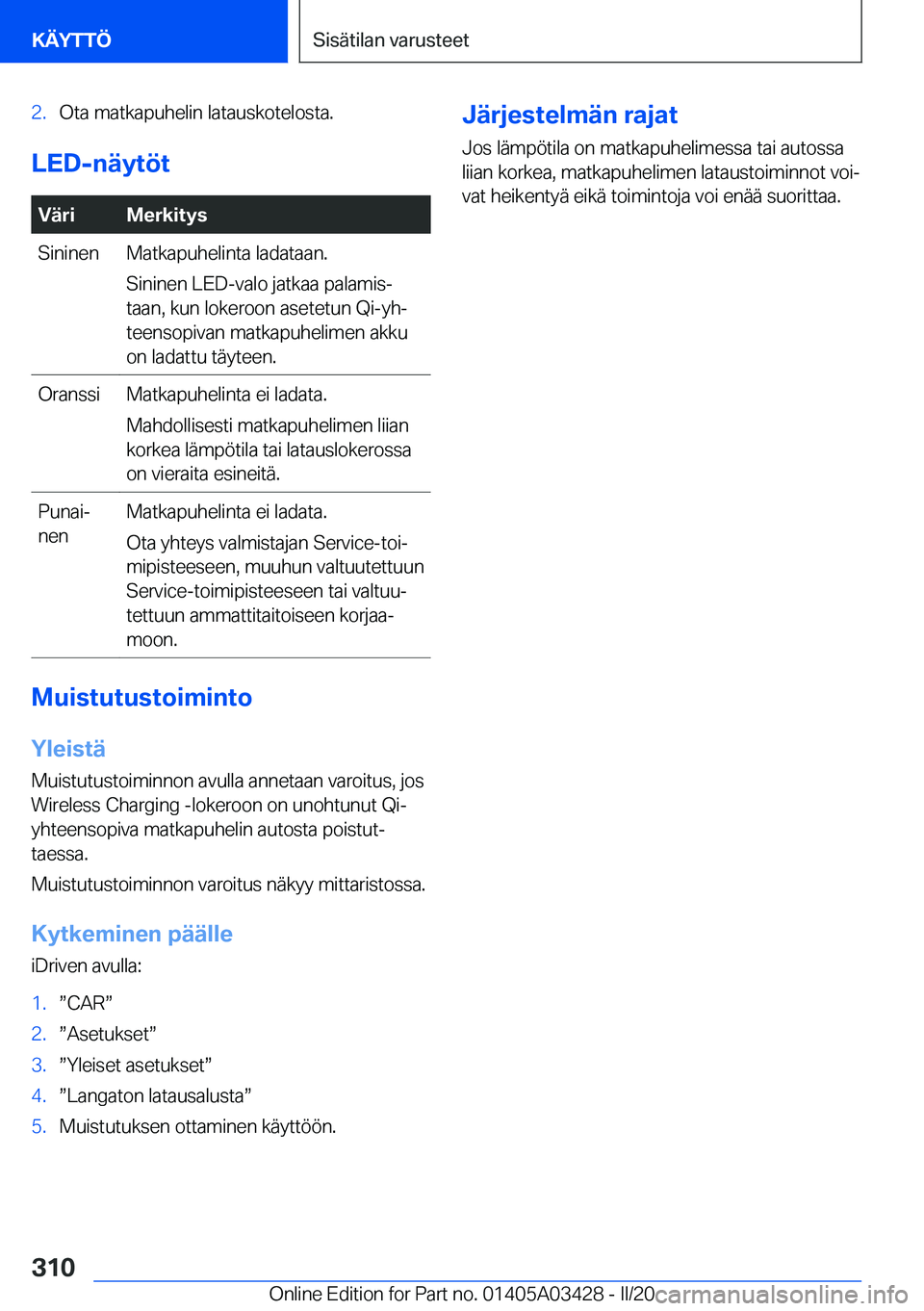 BMW X6 M 2020  Omistajan Käsikirja (in Finnish) �2�.�O�t�a��m�a�t�k�a�p�u�h�e�l�i�n��l�a�t�a�u�s�k�o�t�e�l�o�s�t�a�.
�L�E�D�-�n�