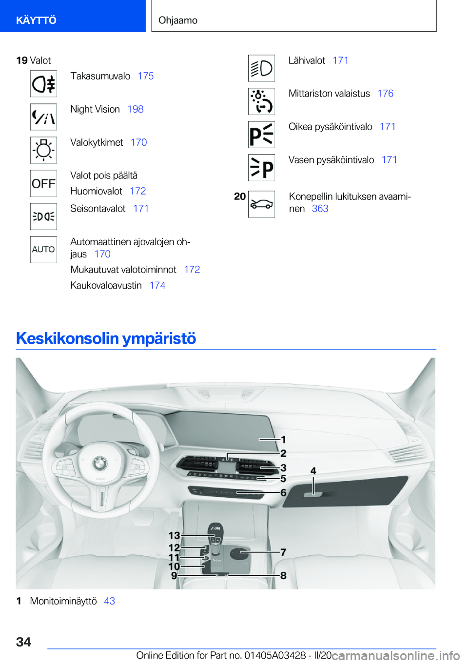 BMW X6 M 2020  Omistajan Käsikirja (in Finnish) �1�9�V�a�l�o�t�T�a�k�a�s�u�m�u�v�a�l�o\_�1�7�5�N�i�g�h�t��V�i�s�i�o�n\_�1�9�8�V�a�l�o�k�y�t�k�i�m�e�t\_ �1�7�0�V�a�l�o�t��p�o�i�s��p�