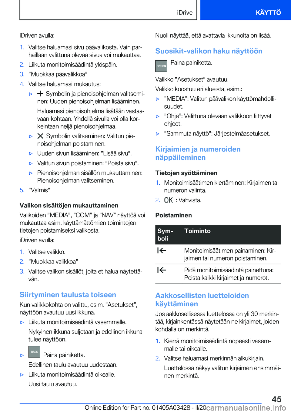 BMW X6 M 2020  Omistajan Käsikirja (in Finnish) �i�D�r�i�v�e�n��a�v�u�l�l�a�:�1�.�V�a�l�i�t�s�e��h�a�l�u�a�m�a�s�i��s�i�v�u��p�