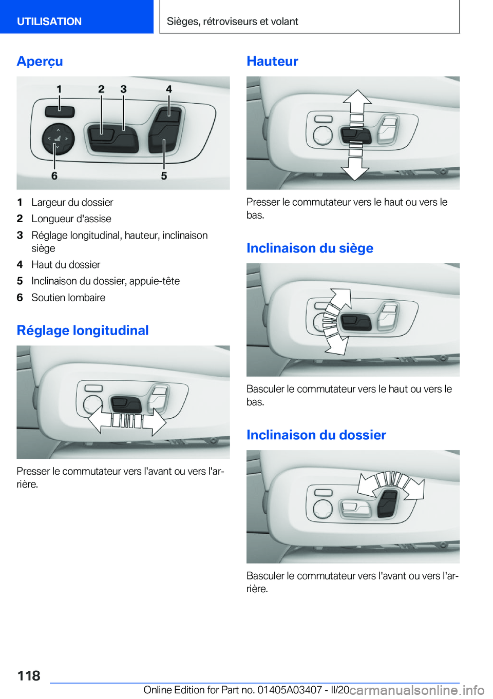 BMW X6 M 2020  Notices Demploi (in French) �A�p�e�r�ç�u�1�L�a�r�g�e�u�r��d�u��d�o�s�s�i�e�r�2�L�o�n�g�u�e�u�r��d�'�a�s�s�i�s�e�3�R�é�g�l�a�g�e��l�o�n�g�i�t�u�d�i�n�a�l�,��h�a�u�t�e�u�r�,��i�n�c�l�i�n�a�i�s�o�n
�s�i�è�g�e�4�H�a�u�t