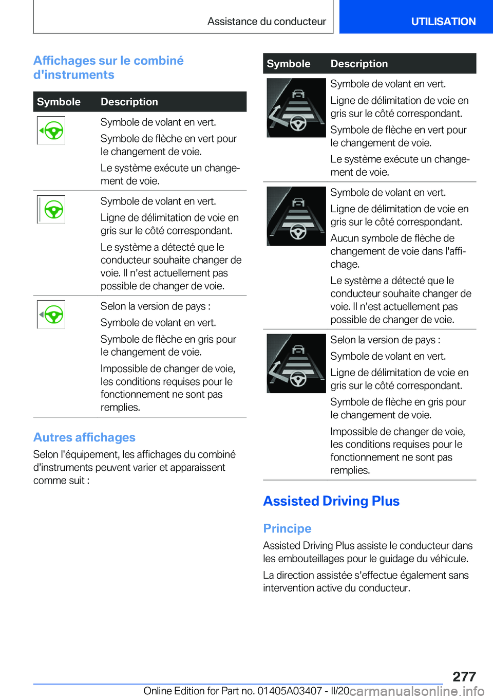 BMW X6 M 2020  Notices Demploi (in French) �A�f�f�i�c�h�a�g�e�s��s�u�r��l�e��c�o�m�b�i�n�é
�d�'�i�n�s�t�r�u�m�e�n�t�s�S�y�m�b�o�l�e�D�e�s�c�r�i�p�t�i�o�n�S�y�m�b�o�l�e��d�e��v�o�l�a�n�t��e�n��v�e�r�t�.
�S�y�m�b�o�l�e��d�e��f�l�è