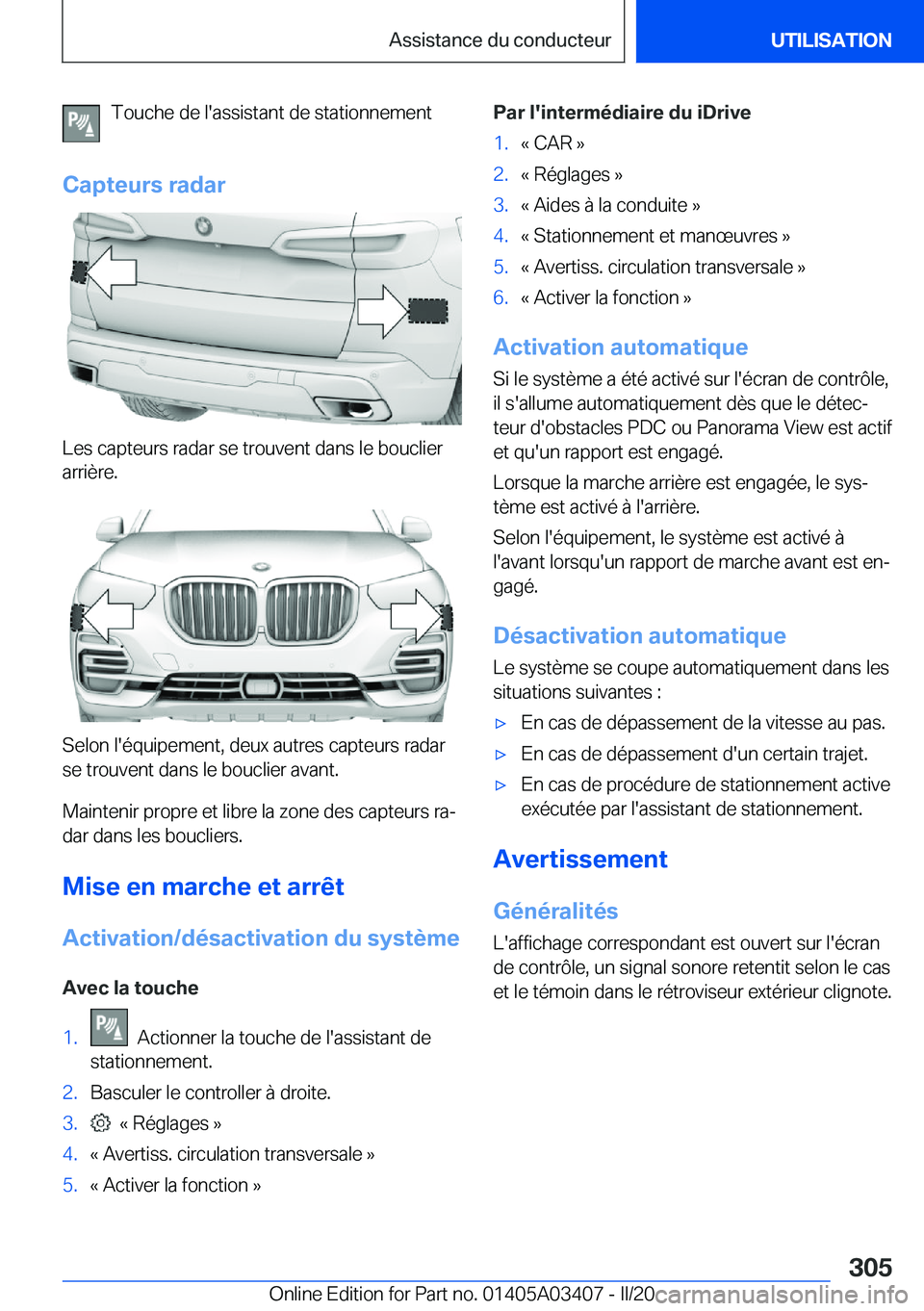 BMW X6 M 2020  Notices Demploi (in French) �T�o�u�c�h�e��d�e��l�'�a�s�s�i�s�t�a�n�t��d�e��s�t�a�t�i�o�n�n�e�m�e�n�t
�C�a�p�t�e�u�r�s��r�a�d�a�r
�L�e�s��c�a�p�t�e�u�r�s��r�a�d�a�r��s�e��t�r�o�u�v�e�n�t��d�a�n�s��l�e��b�o�u�c�l�i