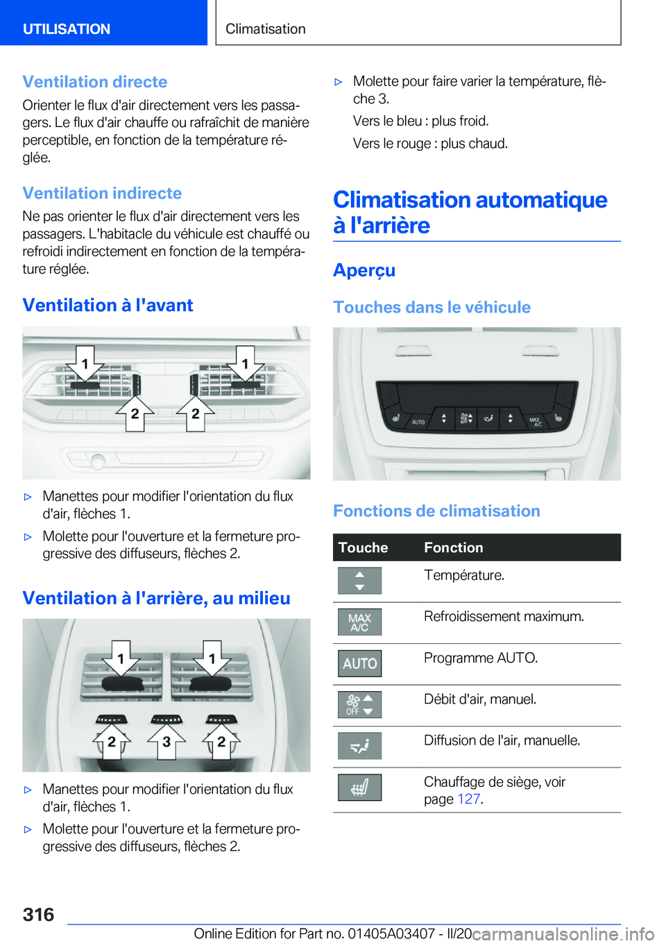 BMW X6 M 2020  Notices Demploi (in French) �V�e�n�t�i�l�a�t�i�o�n��d�i�r�e�c�t�e
�O�r�i�e�n�t�e�r��l�e��f�l�u�x��d�'�a�i�r��d�i�r�e�c�t�e�m�e�n�t��v�e�r�s��l�e�s��p�a�s�s�aj �g�e�r�s�.��L�e��f�l�u�x��d�'�a�i�r��c�h�a�u�f�f