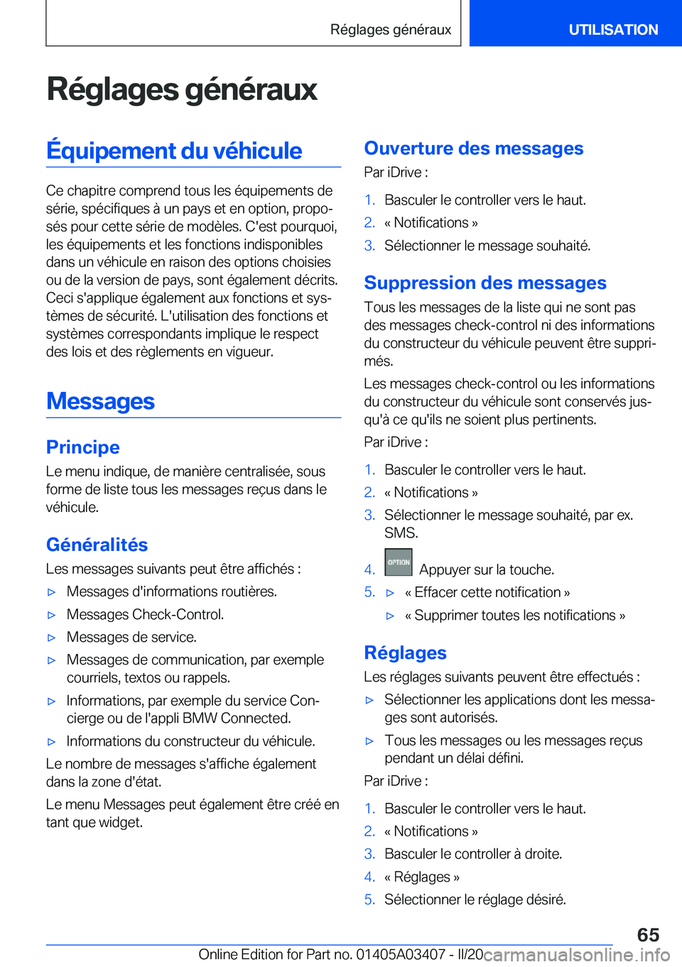 BMW X6 M 2020  Notices Demploi (in French) �R�é�g�l�a�g�e�s��g�é�n�é�r�a�u�x�