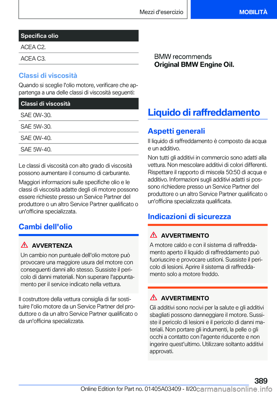 BMW X6 M 2020  Libretti Di Uso E manutenzione (in Italian) �S�p�e�c�i�f�i�c�a��o�l�i�o�A�C�E�A��C�2�.�A�C�E�A��C�3�.
�C�l�a�s�s�i��d�i��v�i�s�c�o�s�i�t�