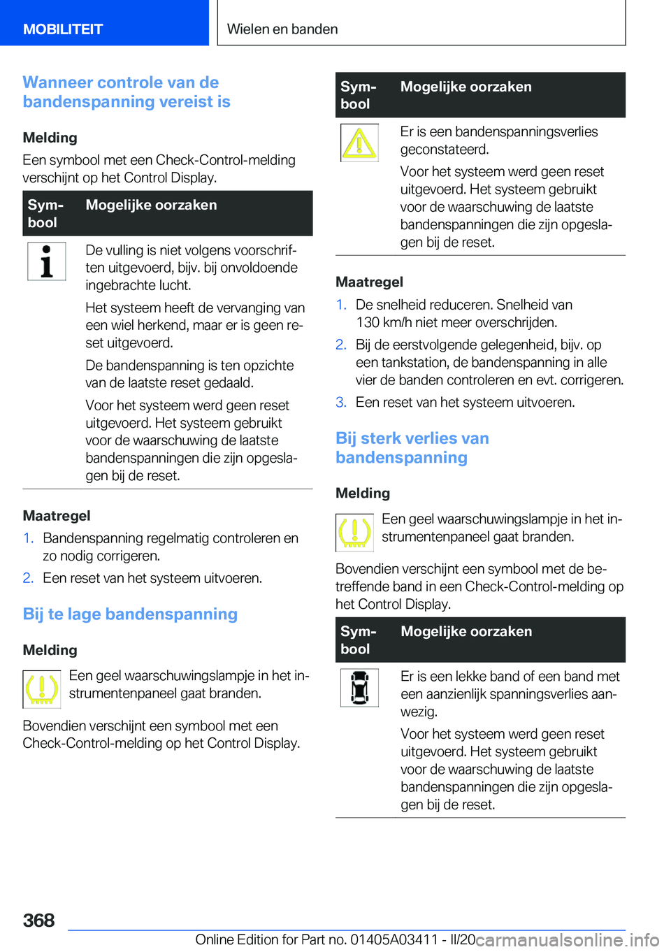 BMW X6 M 2020  Instructieboekjes (in Dutch) �W�a�n�n�e�e�r��c�o�n�t�r�o�l�e��v�a�n��d�e
�b�a�n�d�e�n�s�p�a�n�n�i�n�g��v�e�r�e�i�s�t��i�s
�M�e�l�d�i�n�g
�E�e�n��s�y�m�b�o�o�l��m�e�t��e�e�n��C�h�e�c�k�-�C�o�n�t�r�o�l�-�m�e�l�d�i�n�g
�v�e