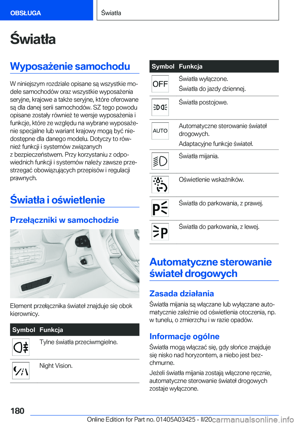 BMW X6 M 2020  Instrukcja obsługi (in Polish) �w�i�a�t�ł�a�W�y�p�o�s�a9�e�n�i�e��s�a�m�o�c�h�o�d�u
�W��n�i�n�i�e�j�s�z�y�m��r�o�z�d�z�i�a�l�e��o�p�i�s�a�n�e��s�
