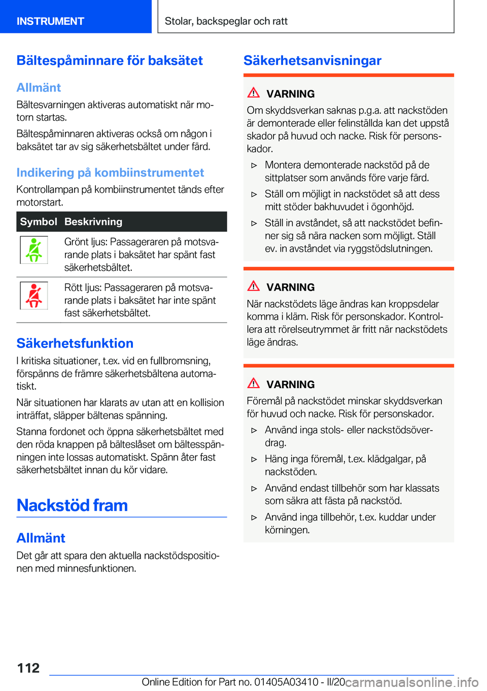 BMW X6 M 2020  InstruktionsbÖcker (in Swedish) �B�ä�l�t�e�s�p�å�m�i�n�n�a�r�e��f�
