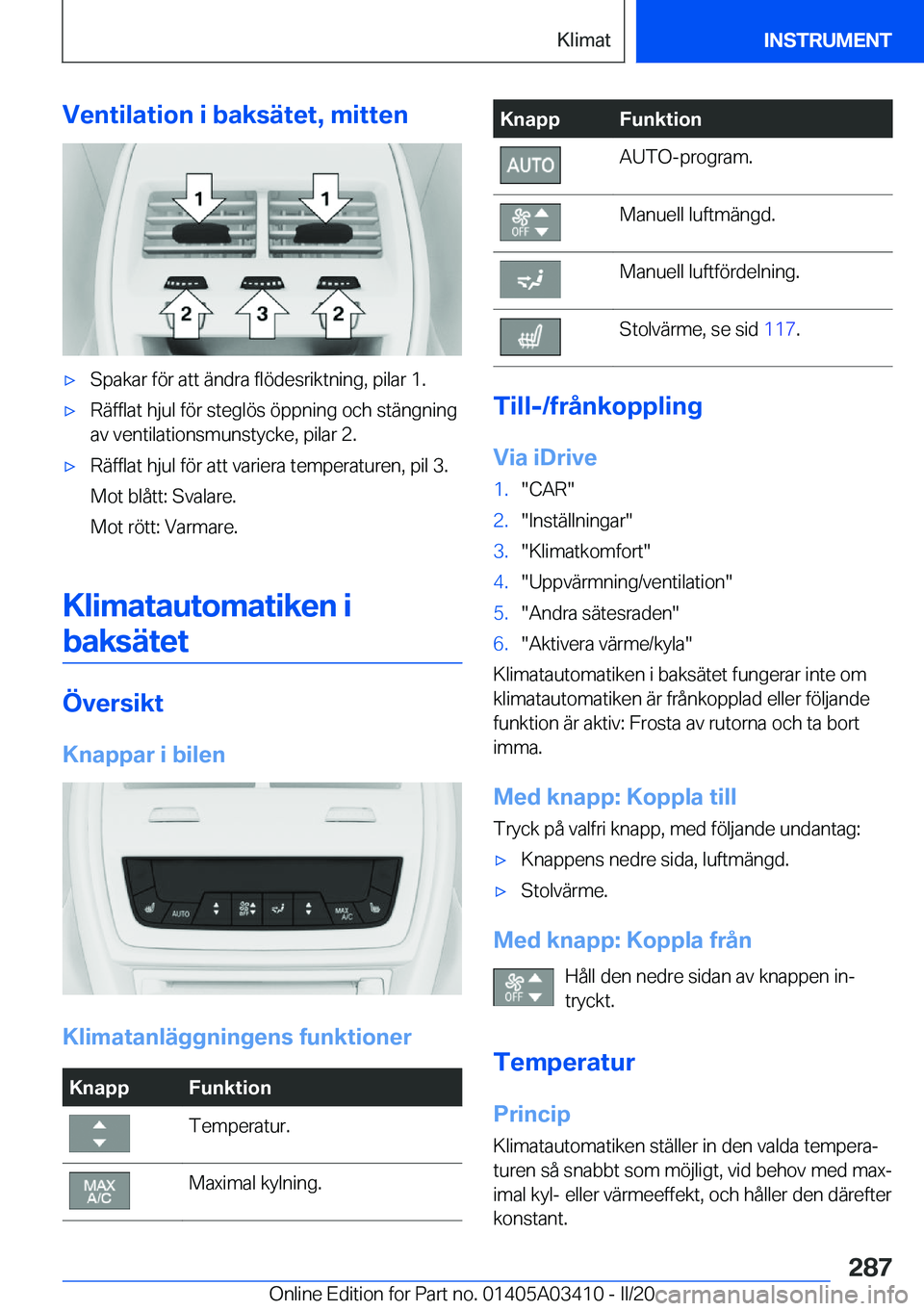 BMW X6 M 2020  InstruktionsbÖcker (in Swedish) �V�e�n�t�i�l�a�t�i�o�n��i��b�a�k�s�ä�t�e�t�,��m�i�t�t�e�n'x�S�p�a�k�a�r��f�