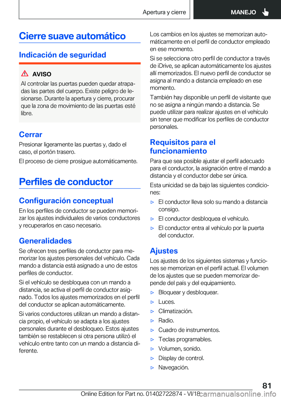 BMW X6 M 2019  Manuales de Empleo (in Spanish) �C�i�e�r�r�e��s�u�a�v�e��a�u�t�o�m�