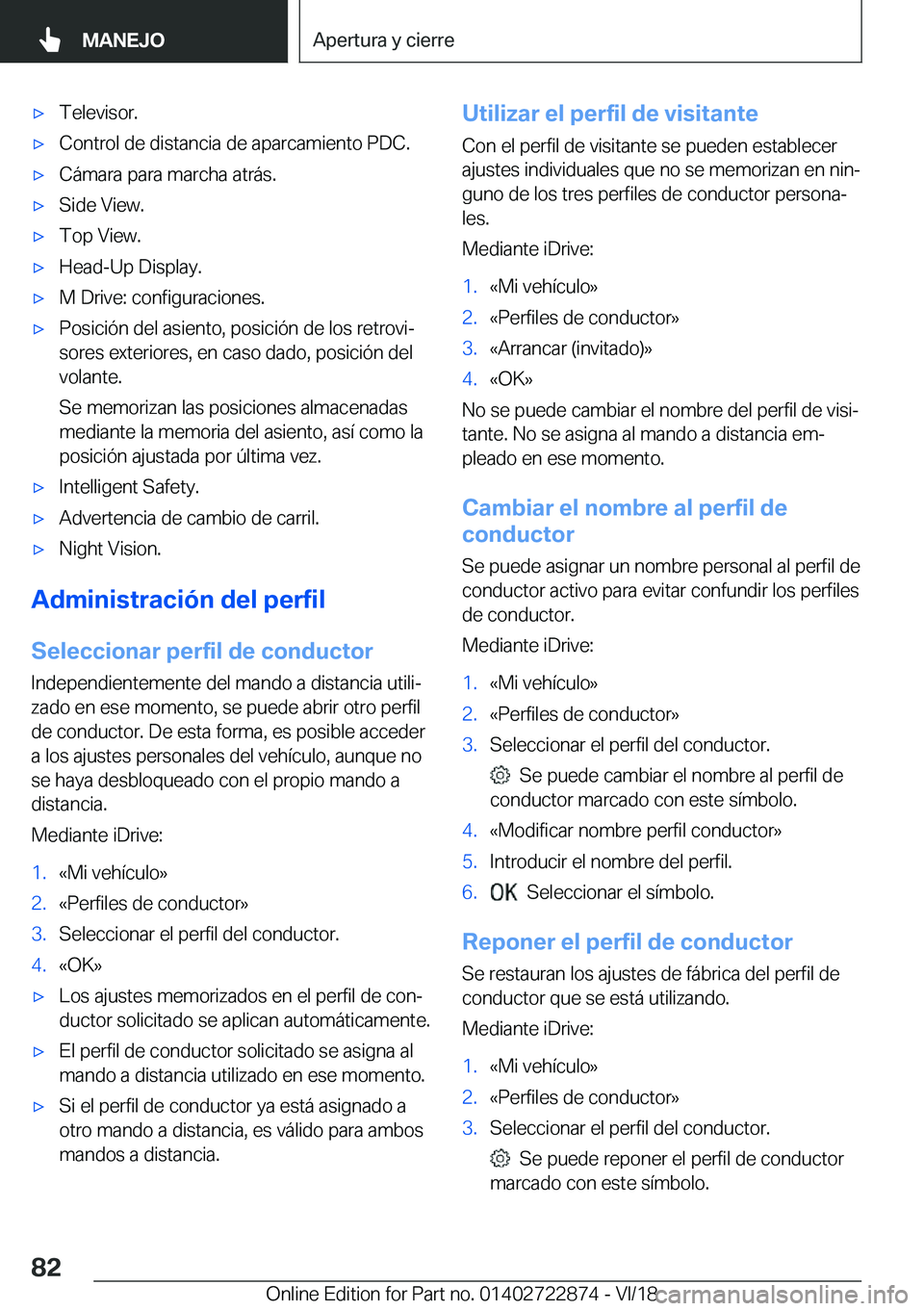 BMW X6 M 2019  Manuales de Empleo (in Spanish) x�T�e�l�e�v�i�s�o�r�.x�C�o�n�t�r�o�l��d�e��d�i�s�t�a�n�c�i�a��d�e��a�p�a�r�c�a�m�i�e�n�t�o��P�D�C�.x�C�