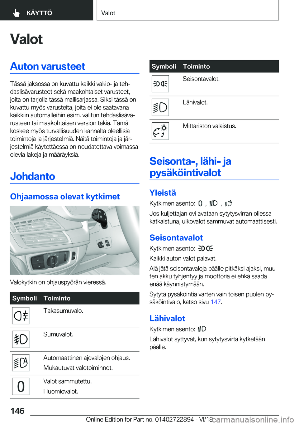 BMW X6 M 2019  Omistajan Käsikirja (in Finnish) �V�a�l�o�t�A�u�t�o�n��v�a�r�u�s�t�e�e�t
�T�