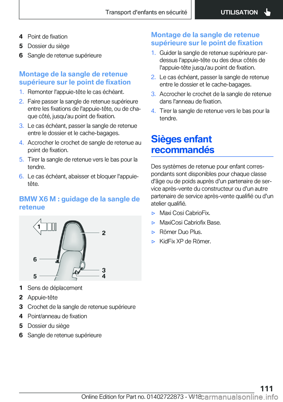 BMW X6 M 2019  Notices Demploi (in French) �4�P�o�i�n�t��d�e��f�i�x�a�t�i�o�n�5�D�o�s�s�i�e�r��d�u��s�i�è�g�e�6�S�a�n�g�l�e��d�e��r�e�t�e�n�u�e��s�u�p�é�r�i�e�u�r�e
�M�o�n�t�a�g�e��d�e��l�a��s�a�n�g�l�e��d�e��r�e�t�e�n�u�e
�s�u�p