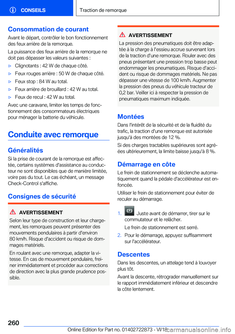 BMW X6 M 2019  Notices Demploi (in French) �C�o�n�s�o�m�m�a�t�i�o�n��d�e��c�o�u�r�a�n�t�A�v�a�n�t��l�e��d�é�p�a�r�t�,��c�o�n�t�r�