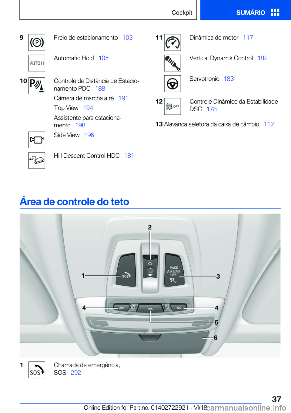 BMW X6 M 2019  Manual do condutor (in Portuguese) �9�F�r�e�i�o��d�e��e�s�t�a�c�i�o�n�a�m�e�n�t�o\_�1�0�3�A�u�t�o�m�a�t�i�c��H�o�l�d\_�1�0�5�1�0�C�o�n�t�r�o�l�e��d�a��D�i�s�t�â�n�c�i�a��d�e��E�s�t�a�c�i�oª
�n�a�m�e�n�t�o��P�D�C\_ �1�8