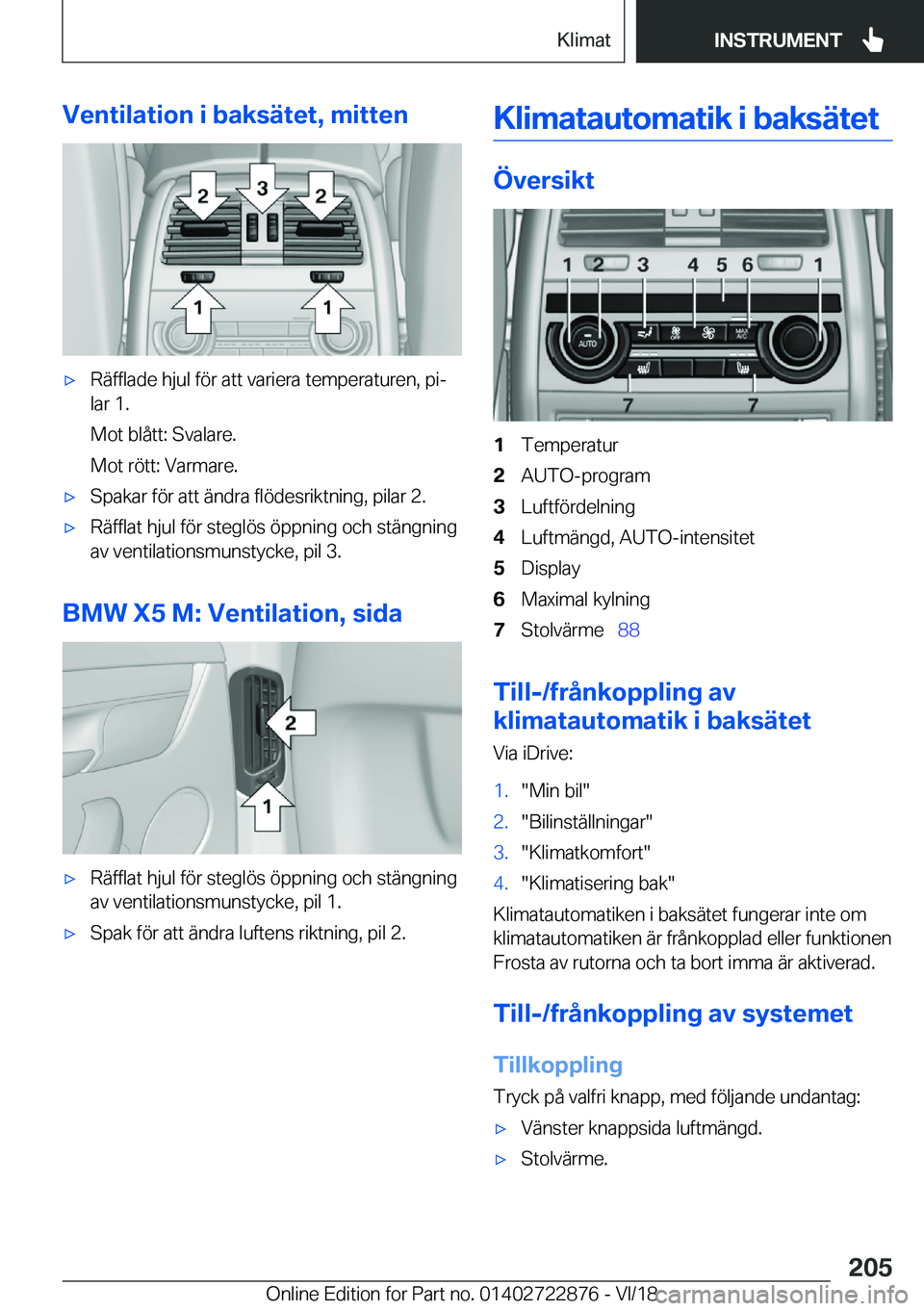 BMW X6 M 2019  InstruktionsbÖcker (in Swedish) �V�e�n�t�i�l�a�t�i�o�n��i��b�a�k�s�ä�t�e�t�,��m�i�t�t�e�n'x�R�ä�f�f�l�a�d�e��h�j�u�l��f�