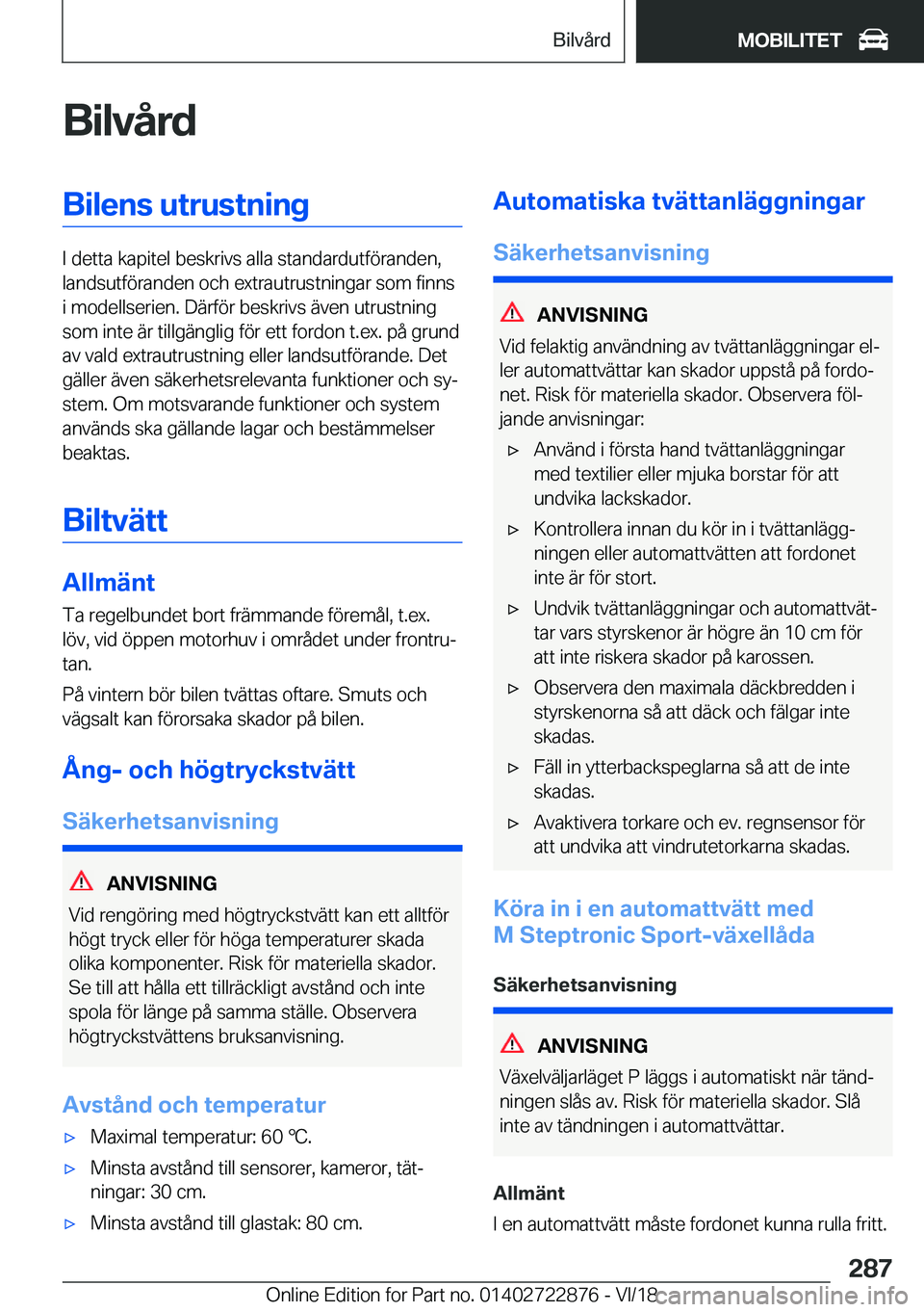 BMW X6 M 2019  InstruktionsbÖcker (in Swedish) �B�i�l�v�å�r�d�B�i�l�e�n�s��u�t�r�u�s�t�n�i�n�g
�I��d�e�t�t�a��k�a�p�i�t�e�l��b�e�s�k�r�i�v�s��a�l�l�a��s�t�a�n�d�a�r�d�u�t�f�